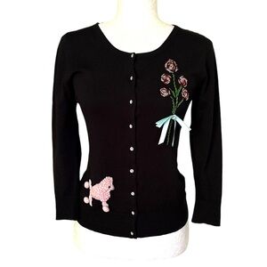 Anthropologie x Charlotte Retro Silk Black Beaded Pink Poodle Lace Cardigan - S